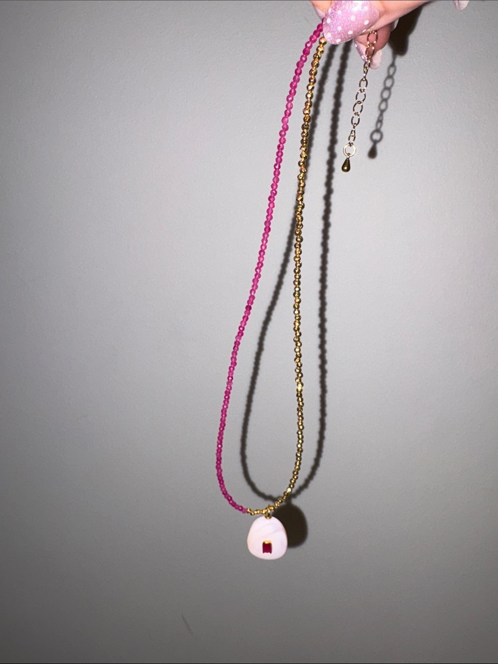 Gold & Pink Beaded Necklace with stone Pendant